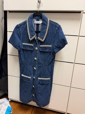 Self-Portrait Dark Blue Denim Mini Dress with Pearl Trim